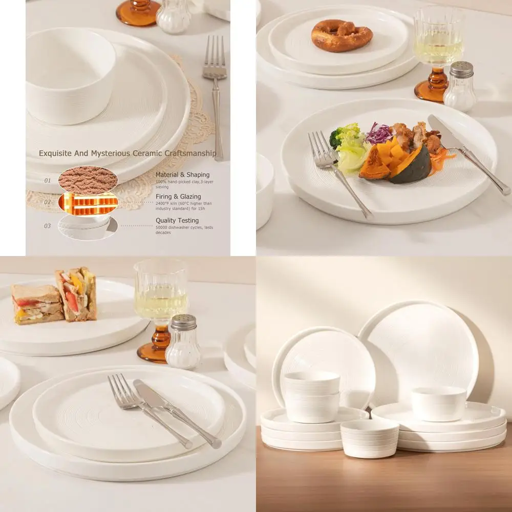 

Modern 12-Piece Stoneware Dinnerware Set for 4, Microwave & Dishwasher Safe, 4 Plates & Bowls (Style 1)