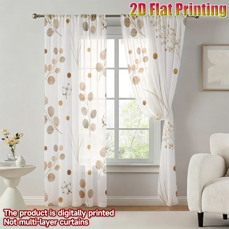 2PCS Digital Printed Sheer Curtain, Cotton Flower Bare Branches, Minimalist Rustic Farmhouse for Living Room Bedroom Home Decor
