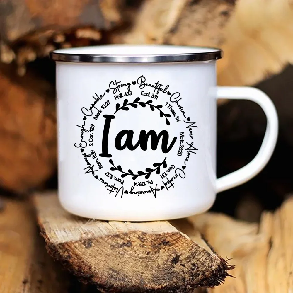 I Am/you Are Strong Beautiful Christian Enamel Mugs Outdoor Travel Coffee Cup Drink Dessert Milk Vintage Handle Drinkware Gifts