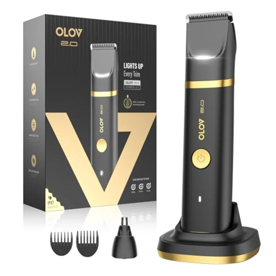 Groin and Body Hair Trimmer for Men - Electric Shaver for Pubic Hair Chest Legs - Ball Pubic Groomer LED Light Replaceable Cera