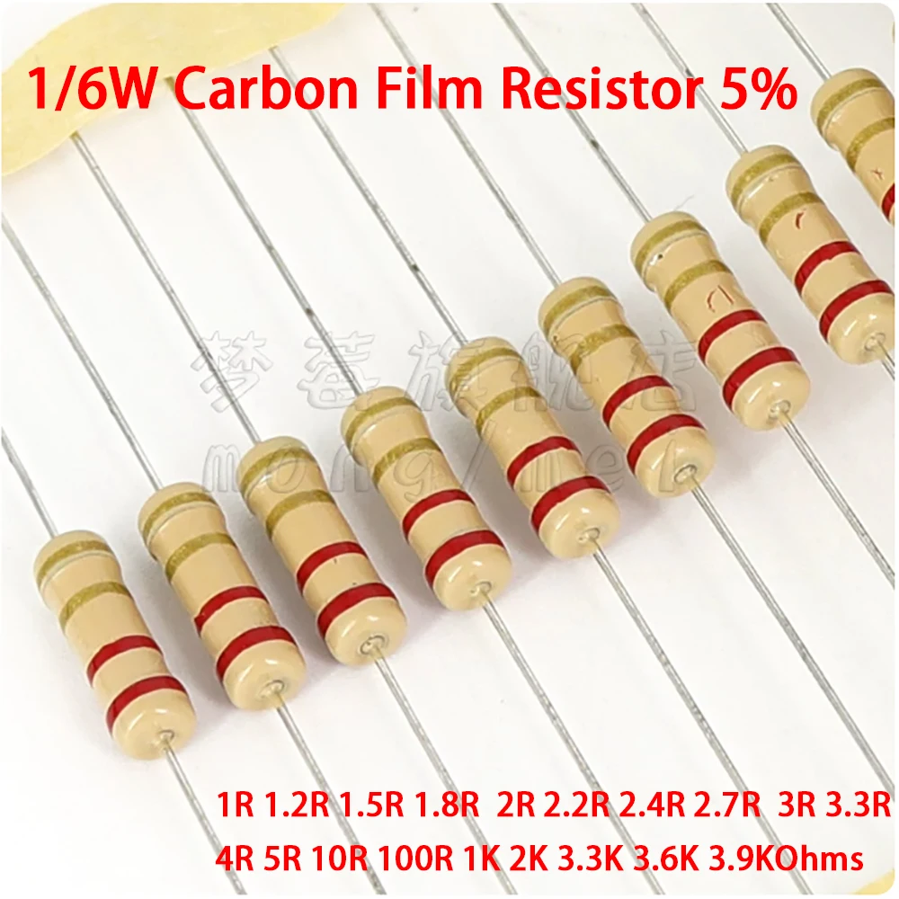 1000PCS 1/6W Carbon Film Resistor 5% 1R 1.2R 1.5R 1.8R 2R 2.2R 2.4R 2.7R 3R 3.3R 4R 5R 10R 100R 1K 2K 3.3K 3.6K 3.9KOhms