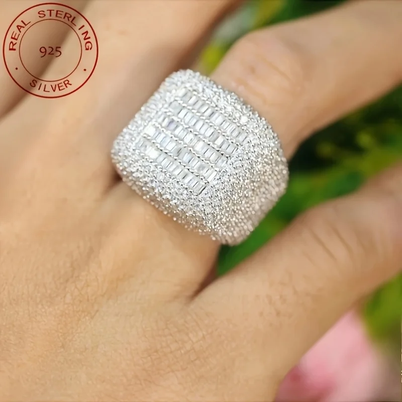 فاخر S925 خواتم فضة كامل الجليد خارج الرغيف الفرنسي Labd الماس الزركون الدائري للرجال تمثال نصفي 14K الذهب الأبيض مطلي الهيب هوب مجوهرات #4