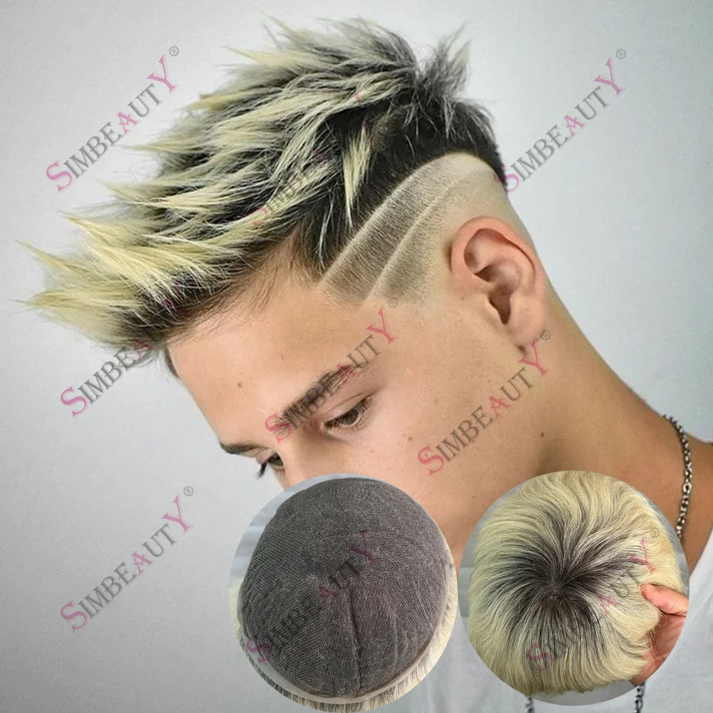 

Невидимые черные корни 1Bt613 # Мужской парик-система замещения волос Bleach Knots Full Lace, омбре-блонд, из натуральных волос, на французской кружевной основе