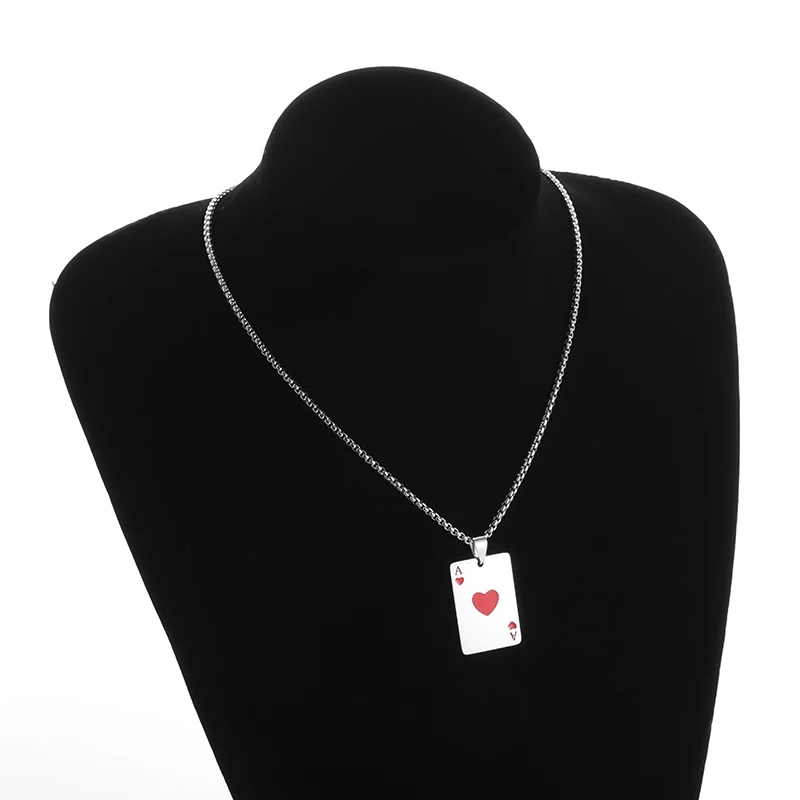 Stainless Steel Ace of Spades and Hearts Playing Card Pendant Necklace Women Men Punk Lucky Jewelry Accessory