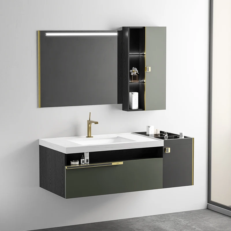 Green Multi-Layer Solid Wood Bathroom Cabinet Combination Modern Minimalist Bathroom Washbasin Stone Plate Wash