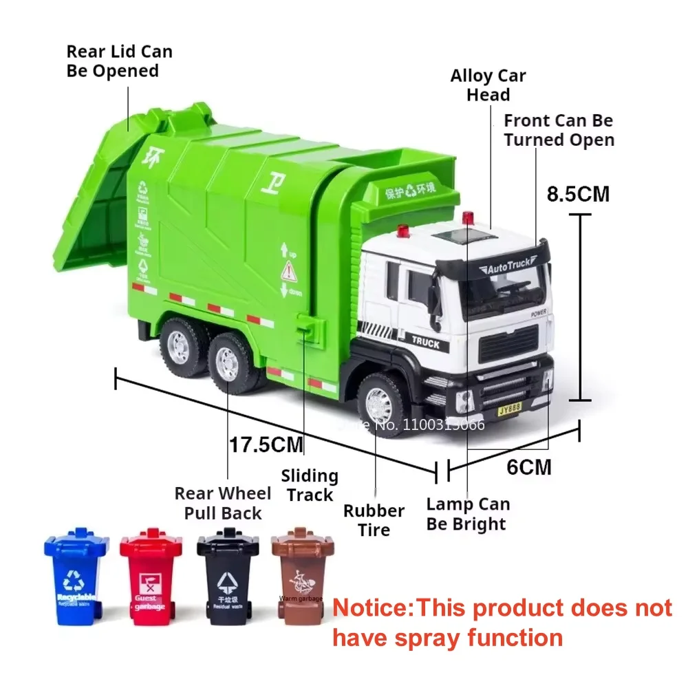 1:50 supressão de poeira saneamento caminhão de lixo modelo carro de brinquedo puxar para trás luz som engenharia veículos modelos crianças presentes