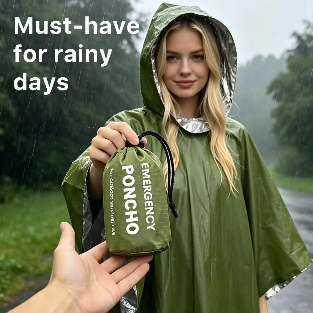 Outdoor Emergency Thermal Rain Poncho Waterproof Survival Insulated Coat Hypothermia Prevention for Camping Hiking