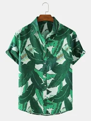 Hawaiian style men's short sleeved shirt with plant print pattern short sleeved lapel fashionable casual shirt top