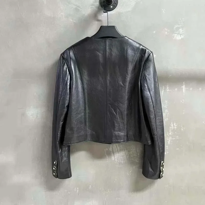 

Женская дубленка из натуральной натуральной овчины, весенняя мода, короткая однобортная теплая верхняя одежда с v-образным вырезом и воротником