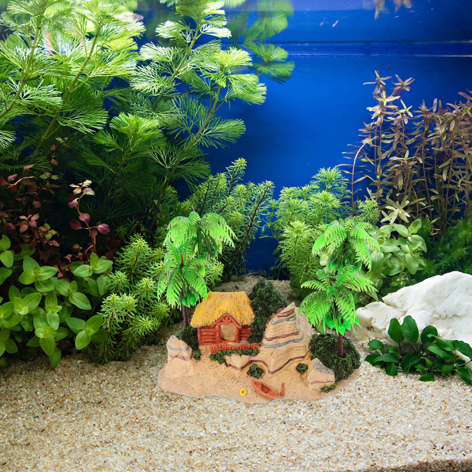 

1Pcs Resin Beach Rockery Aquarium Decor Creative Coconut Tree Wooden Boat Landscape Ornament for Fish Tank Decoration Lifelike