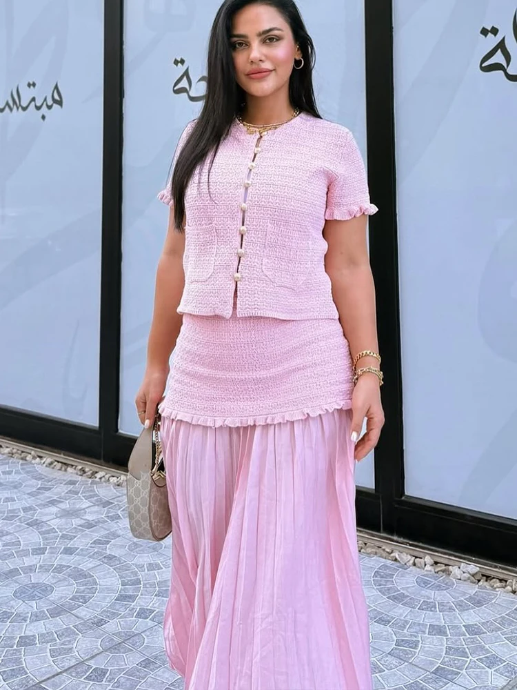 HH Women Summer Sexy Laminated Decoration Single-breasted Knitted Short-sleeved Top+Temperament High Street Long Skirt Suit