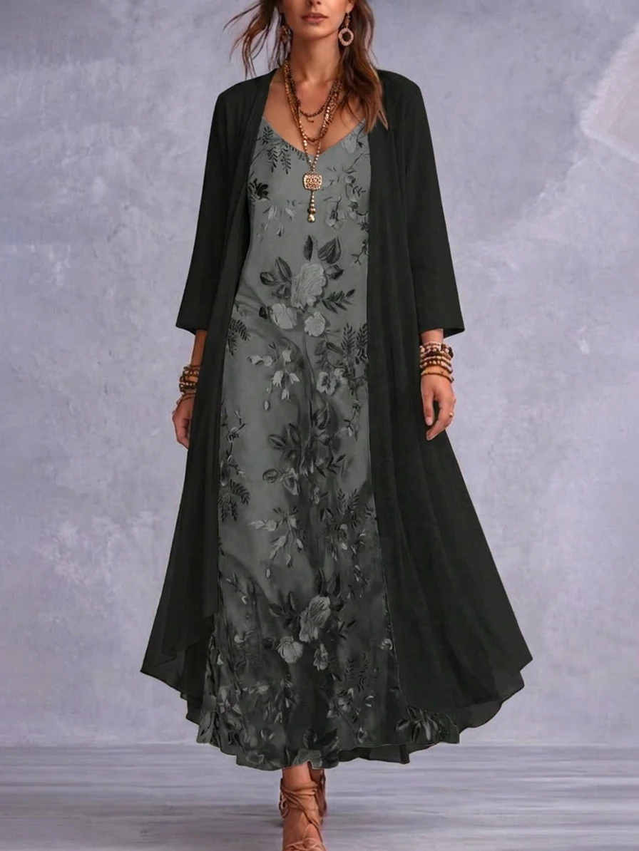 Frühlings- und Sommerkleid für Damen in Übergröße, elegant, im ländlichen Stil, mit Blumenmuster, Camisole-Kleid mit V-Ausschnitt, Dreiviertelärmeln und halbtransparenter Sonnenschutz-Strickjacke, langes zweiteiliges S – Detail 6