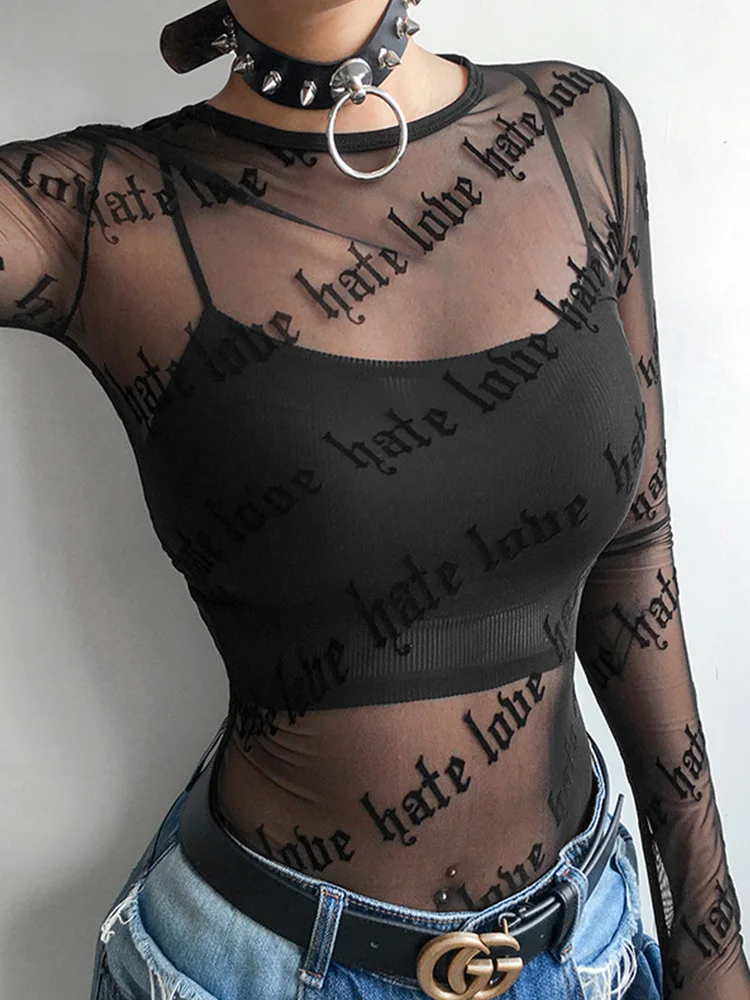 Sexy Women Mesh T-Shirts See-Through Perspective Tshirt Letter Printed O Neck Transparent Long Sleeve T Shirt Tops Women - view 4