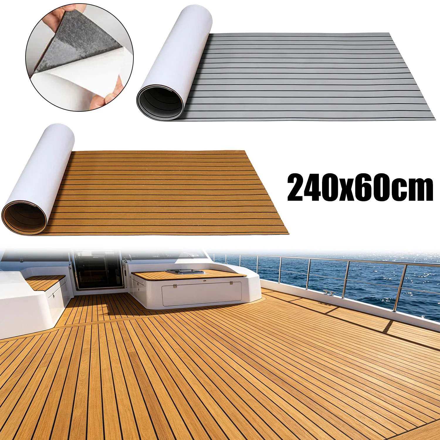 Revêtement de sol pour bateau en mousse EVA autocollante 240×60 cm, aspect teck – Tapis de pont marin antidérapant, amortissant et imperméable, rainures en V pour une drainage optimal, installation DIY facile – Polyvalent pour bateaux, yachts, camping-cars, piscines et escaliers