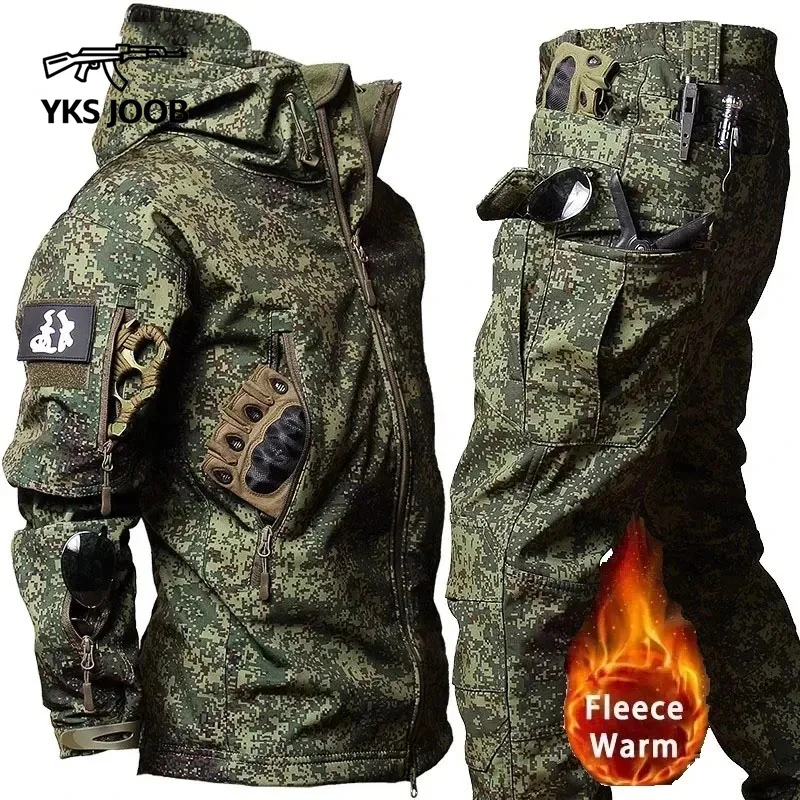 Winter Shark Skin Fleece Thickened Warm Men's 2-piece Set Multi Pocket Zipper Hooded Jacket Outdoors Military Tactical Pants