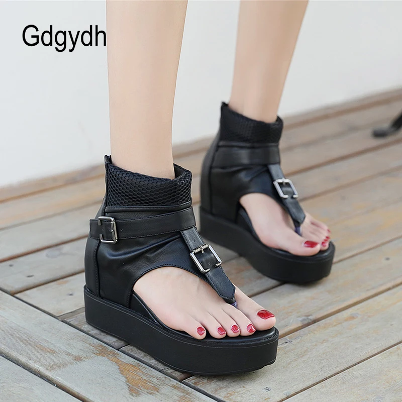 Gdgydh Clip Toe Sandal Women Platforms Spring and Summer All-match Belt Buckle Casual Retro High Top Sandals Rome Style Zipper