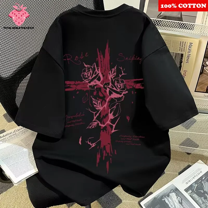 

Retro Rose Cross Print T-shirt Men Summer 2025 New 100% Cotton American Round neck Short sleeve Tee Loose Y2k Tops men clothing