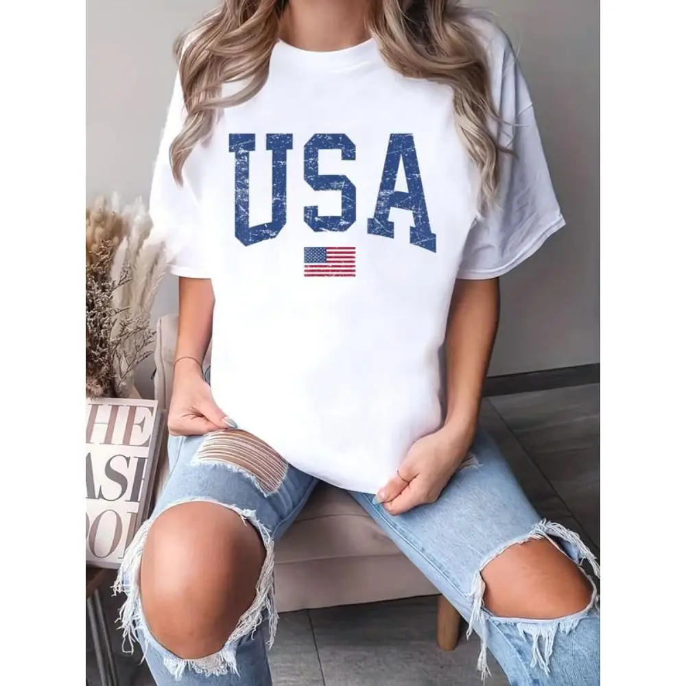 

Vintage USA T-Shirt for Women - American Flag Distressed Graphic Tee - Casual Patriotic Summer Top - Fourth of July