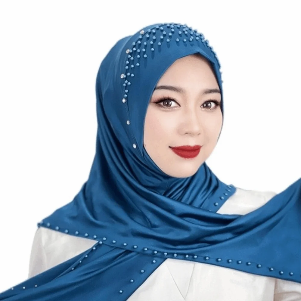 Elegant Soft Beaded Instant Hijab Stretch Breathable Pull-On Turban Solid Color Easy Wrap Malay Headscarf Formal