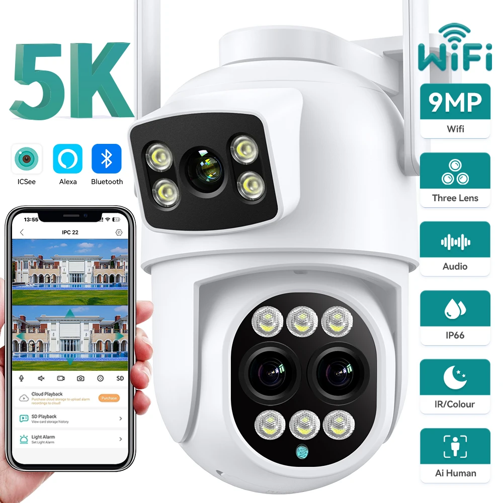 

IP-камера PTZ, 9 МП, 8-кратный зум, три объектива, двойной экран, наружная Водонепроницаемая камера с ИИ-датчиком присутствия, безопасность, видеонаблюдение ICSEE
