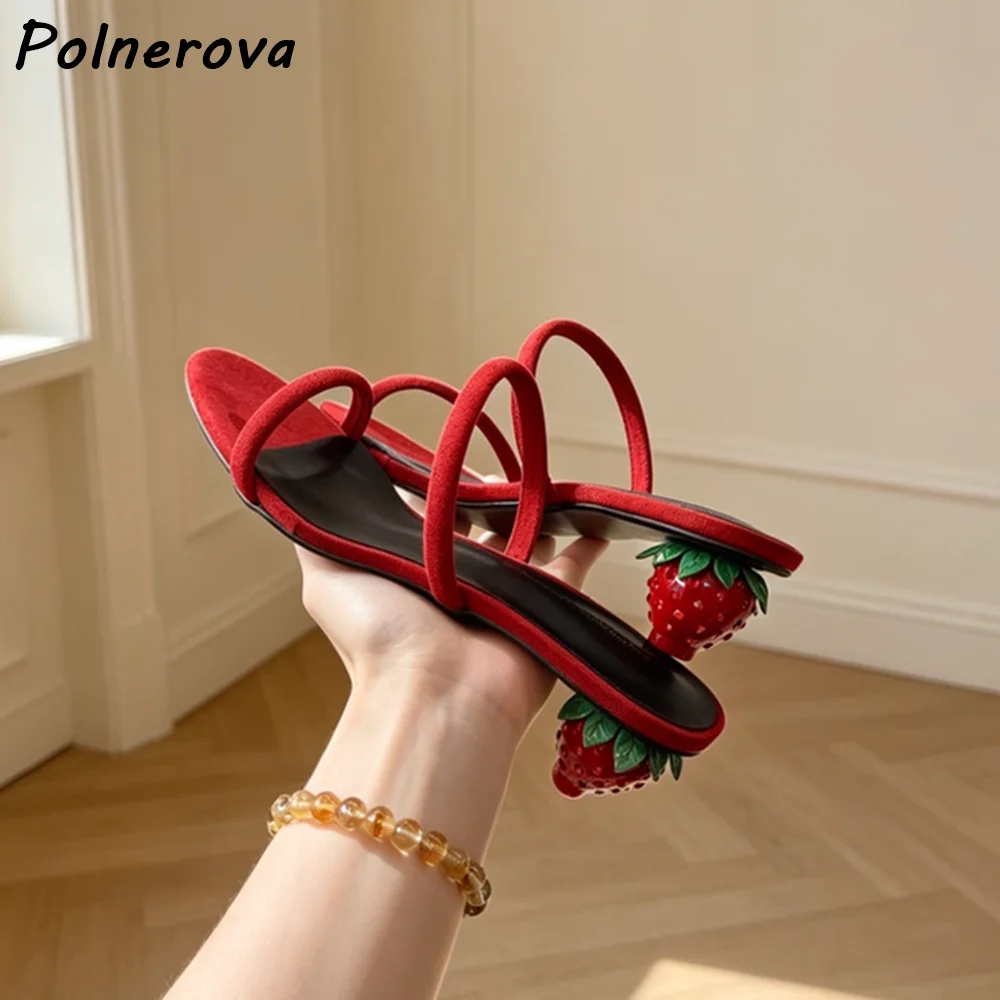 Strawberry Fruit Heel Slide Sandals Thin Double Strap Open Round Toe Suede Shoes Funny Novelty Kitten Heel Summer Vacation Shoes
