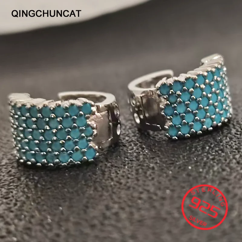 925 Sterling Silver Simple Fashion Turquoise Hoop Earrings for Women Female Jewelry Wedding Party Gift Mujer
