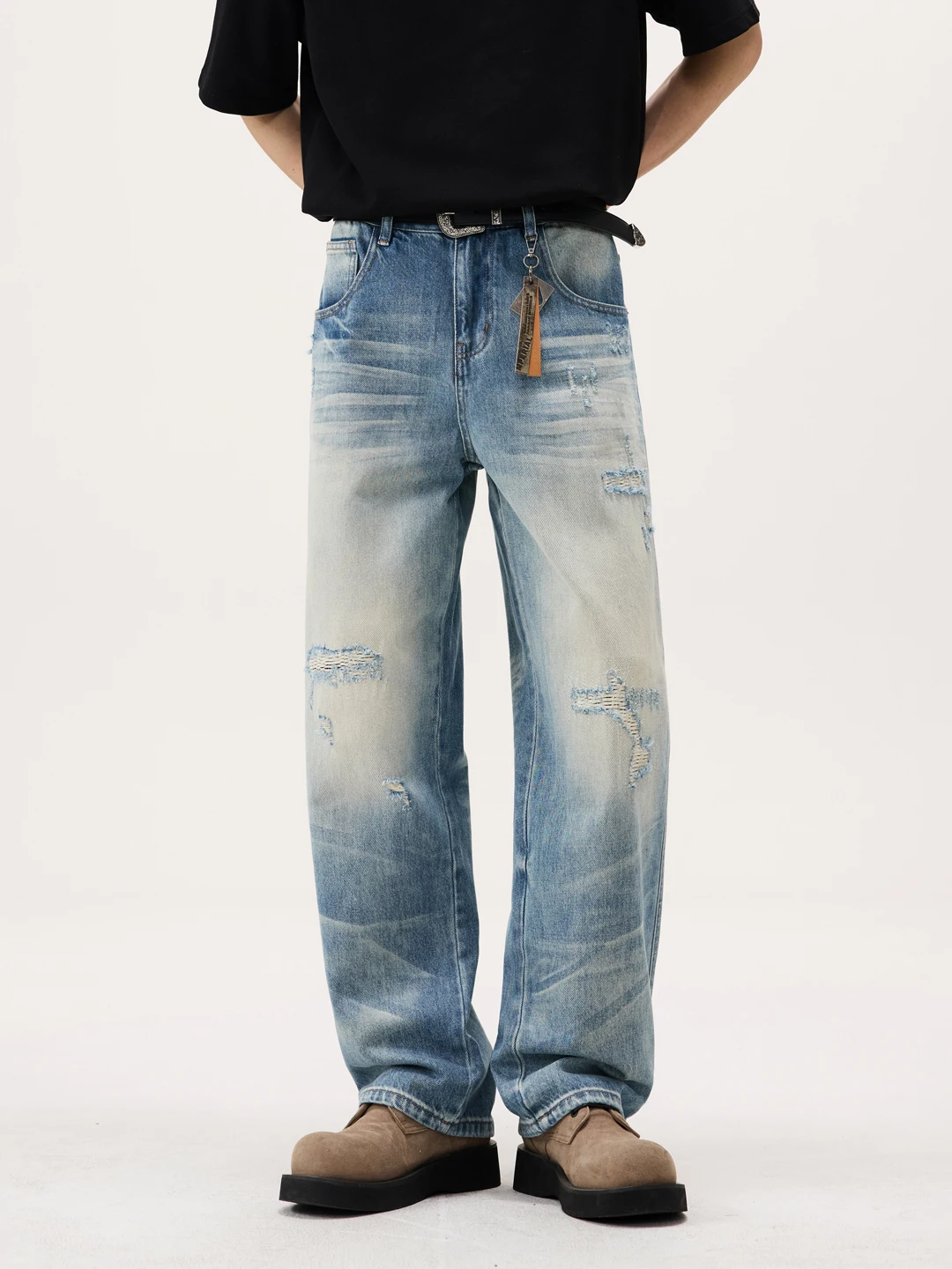 

Retro American Hole Design Patch Knife Jeans Men Loose Wide Leg Casual ape Long Pants Cotton Denim mid Waist Zipper Spring ...