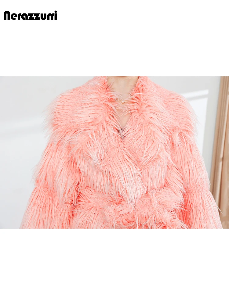 Nerazzurri Winter Extra Long Striped Pink Warm Faux Mongolia Sheep Fur Coat Women Sashes Luxury Chic Maxi Fluffy Overcoat 2023