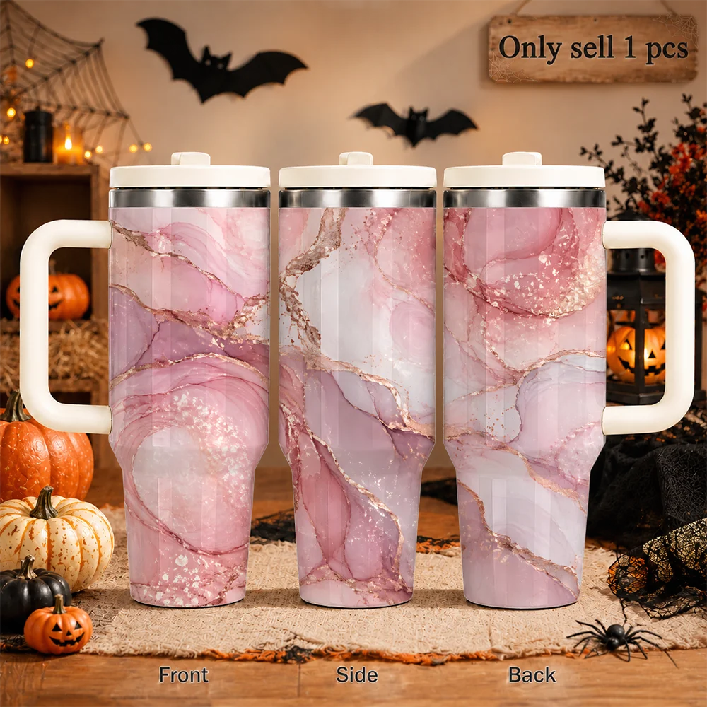 Gold Luxury Geode Fluid Art Vacuum Flasks 40oz Insulated Tumbler With Handle Straw Lid Leakproof Stainless Steel Travel Cup