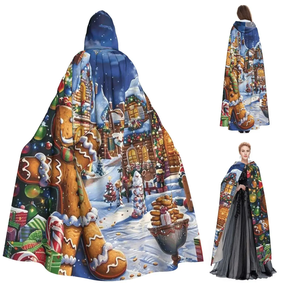 

Gingerbread House Christmas Day Xmas Long Hooded Cloak Witch Medieval Costume Cosplay Cape HalloweenCoat Adult Unisex
