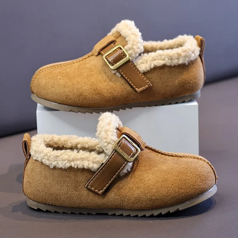 

Kids Warm Slippers Soft Fleece Lined Indoor Baby Shoes Comfortable Anti Slip Loafers for Boys Girls Brown Suede Casual Home Wear