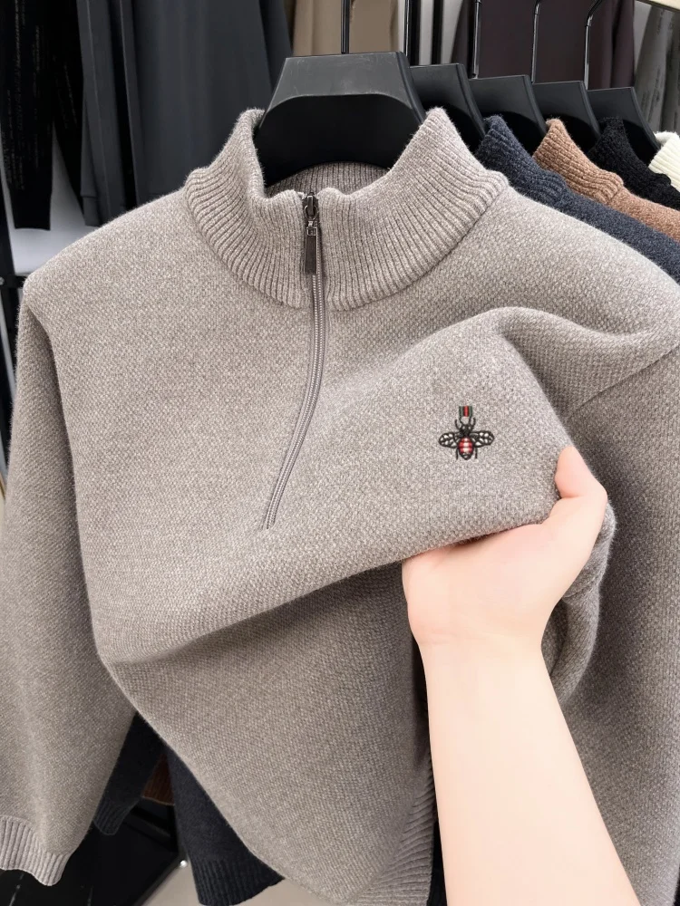 Designer brand luxury men's knitted pullover new trend zipper bee embroidery best-selling comfort warm half high neck sweater