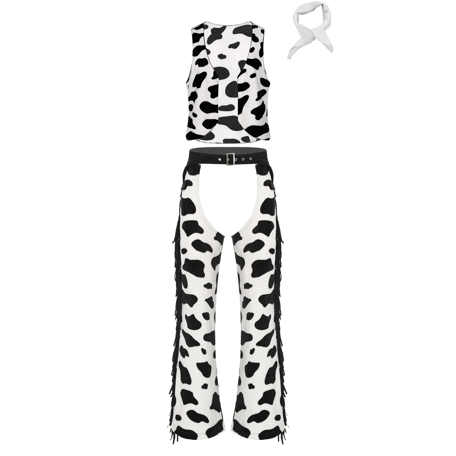 Mens Halloween Carnival Cowboy Cosplay Costume Outfits 3 Piece Cow Print Vest And Crotchless Long Pants And Bandanna Set view 3