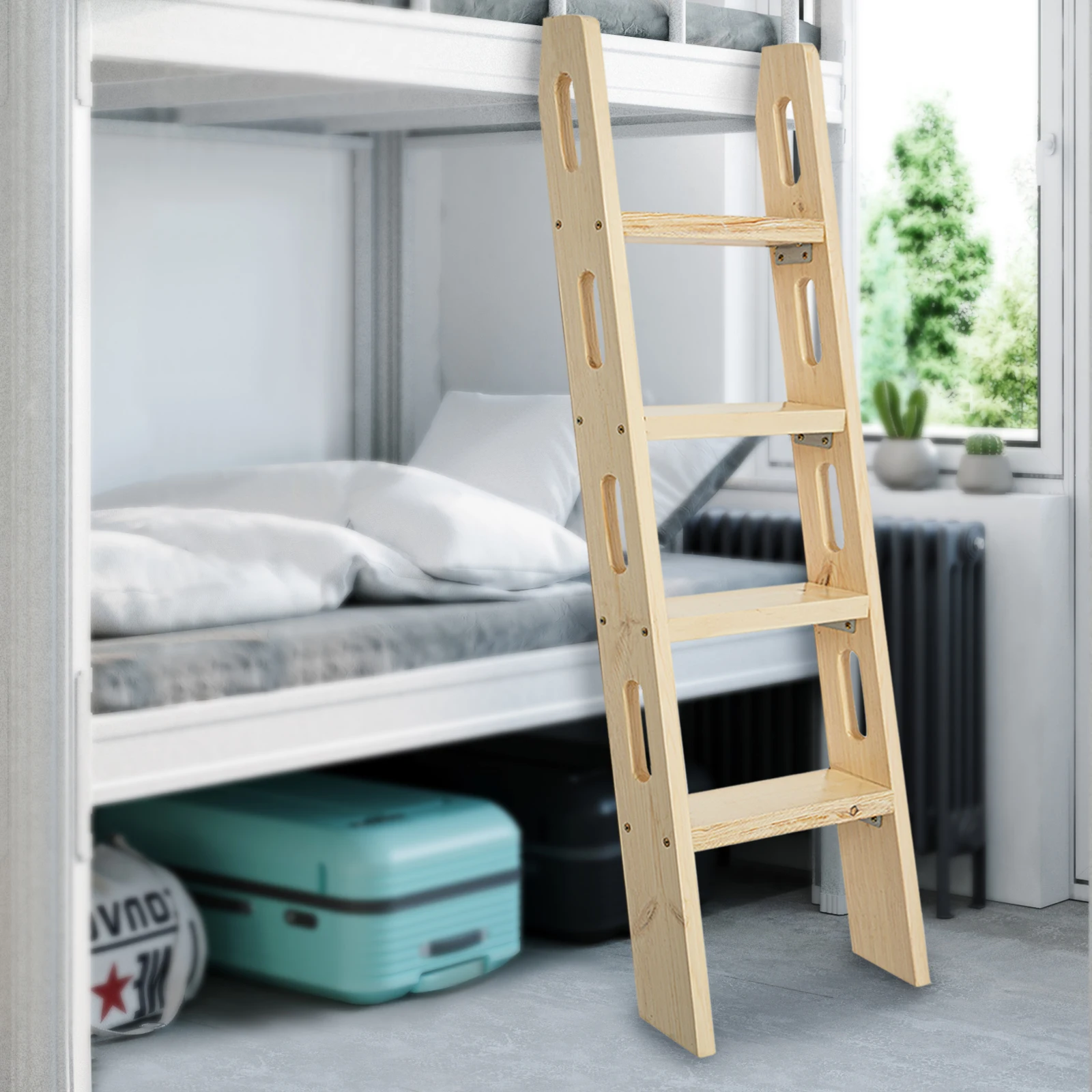125 cm große 4-stufige Leiter aus Kiefernholz, 75 °   Burlywood Trittleiter, Dicke 28 mm, Bodenstehend für Kinderzimmer, Leuchten