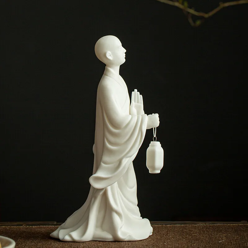 New White Porcelain Statue Monk Lantern Buddhism Zen Office Study Table Decor