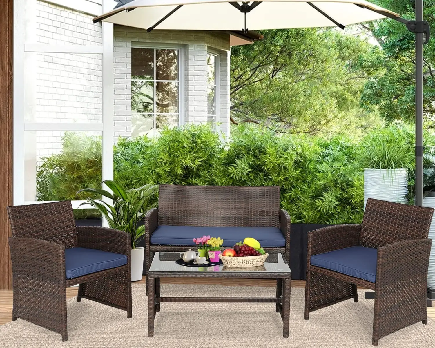 Outdoor PE Wicker Ratten Cadeiras Set, Conversa Set, Varanda Móveis com Almofada e Mesa para Quintal, Jardim, 4Pcs