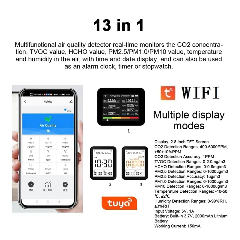 SQPP-Tuya WIFI Probador de Calidad del Aire 13 en 1 ABS CO2/TVOC/HCHO/PM2.5/PM1.0/PM10/Temperatura/Humedad/Date/Alarma/Cronómetro Medidor de CO2