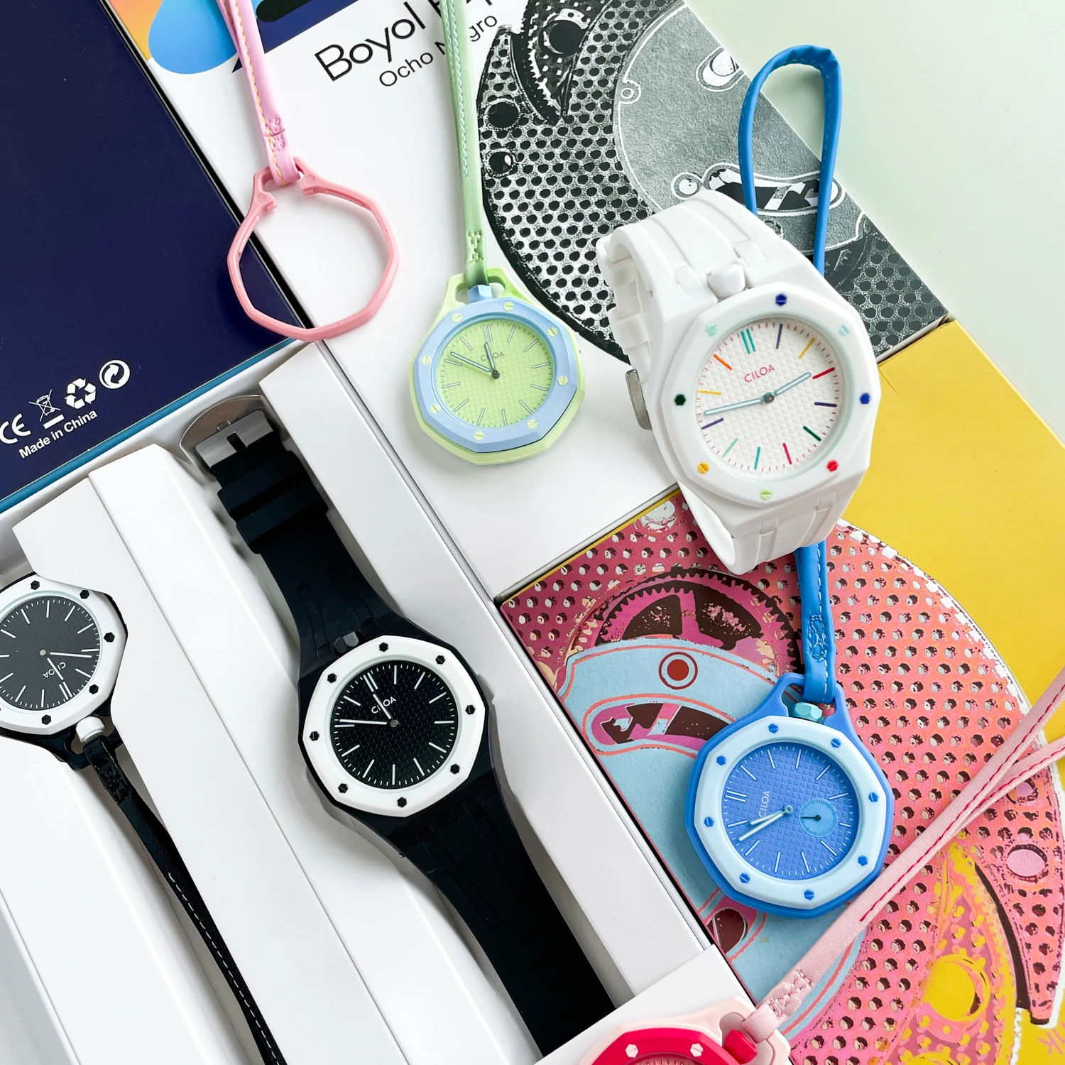 CILOA 2 In 1 Convertible Octagonal Watch Easy Disassembly Detachable Dial Matching Silicone Wrist Strap & Leather Lanyard