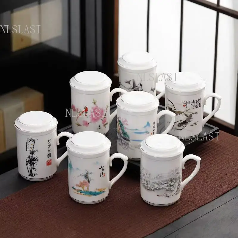 280ml Chinese Ink Bamboo Ceramic Tea Mug with Tea Infuser & Lid Water Separation Design Office Porcelain Brewing Tea Cup