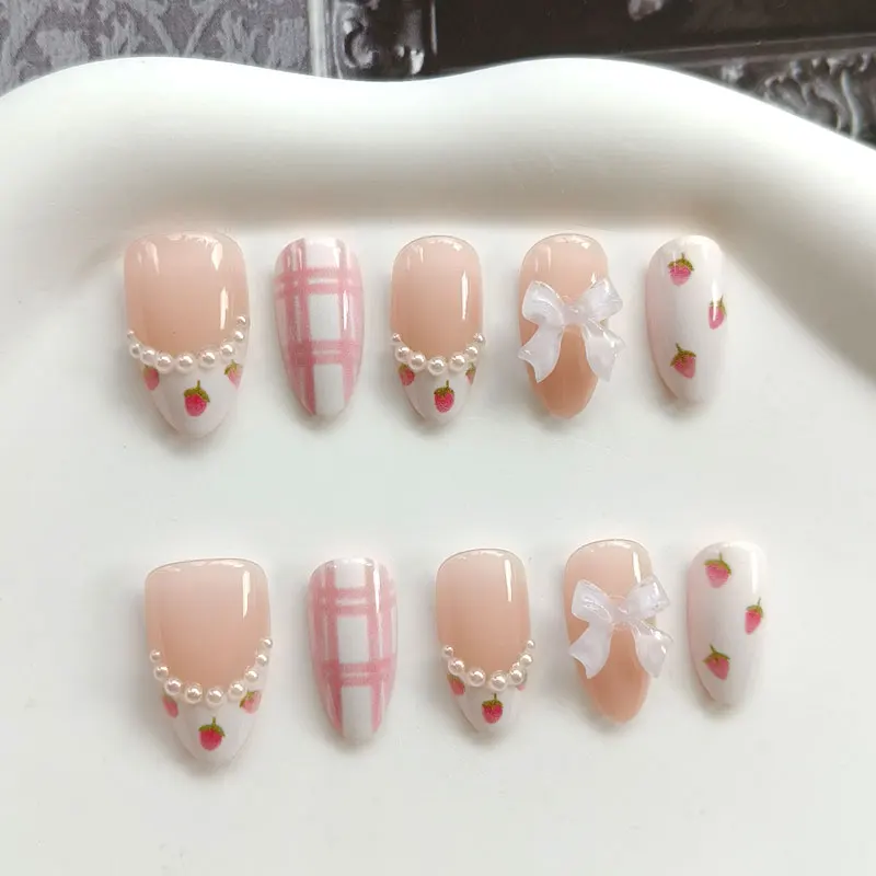 10Pcs Women French Style 3D Strawberry Gold Red and Plaid Bowknot Press on Nails Short Almond Fresh Nails Patch False Nails Art view 4