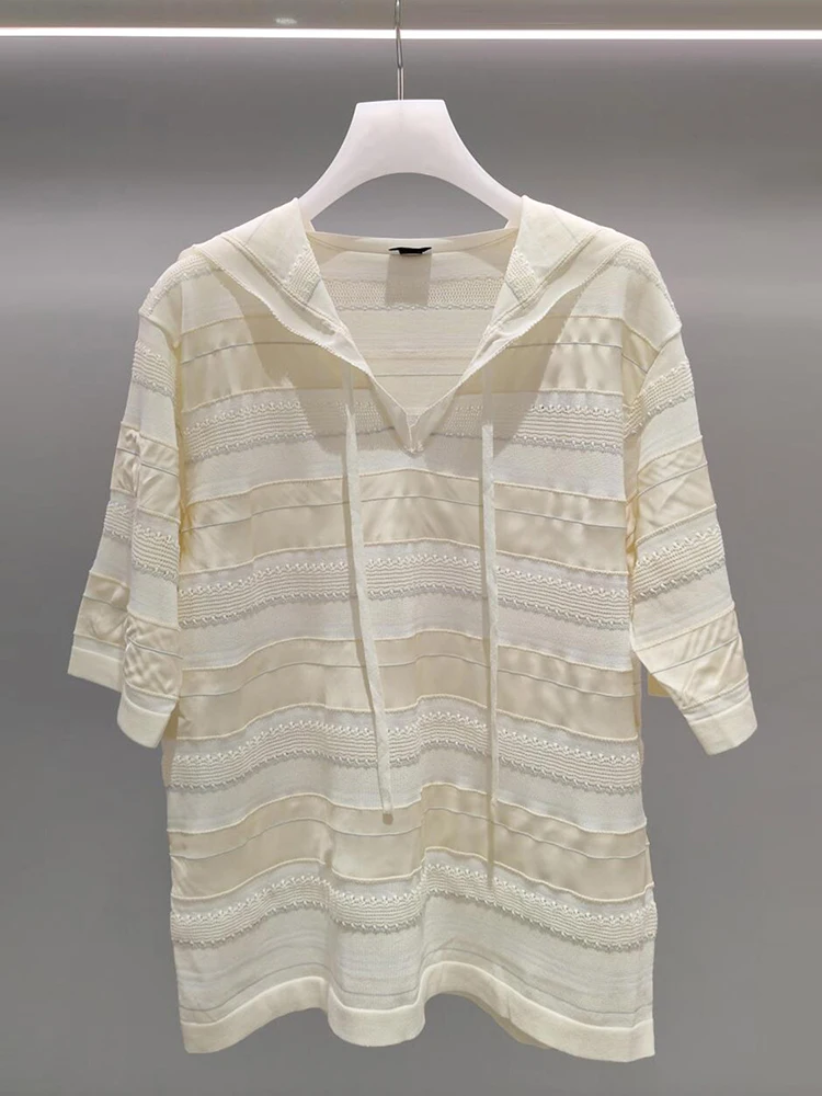 

Soft Sle Hooded Striped Casual T-irt Knitted Top for Women High End Summer Faion by Nu Ele Ladies' Wear