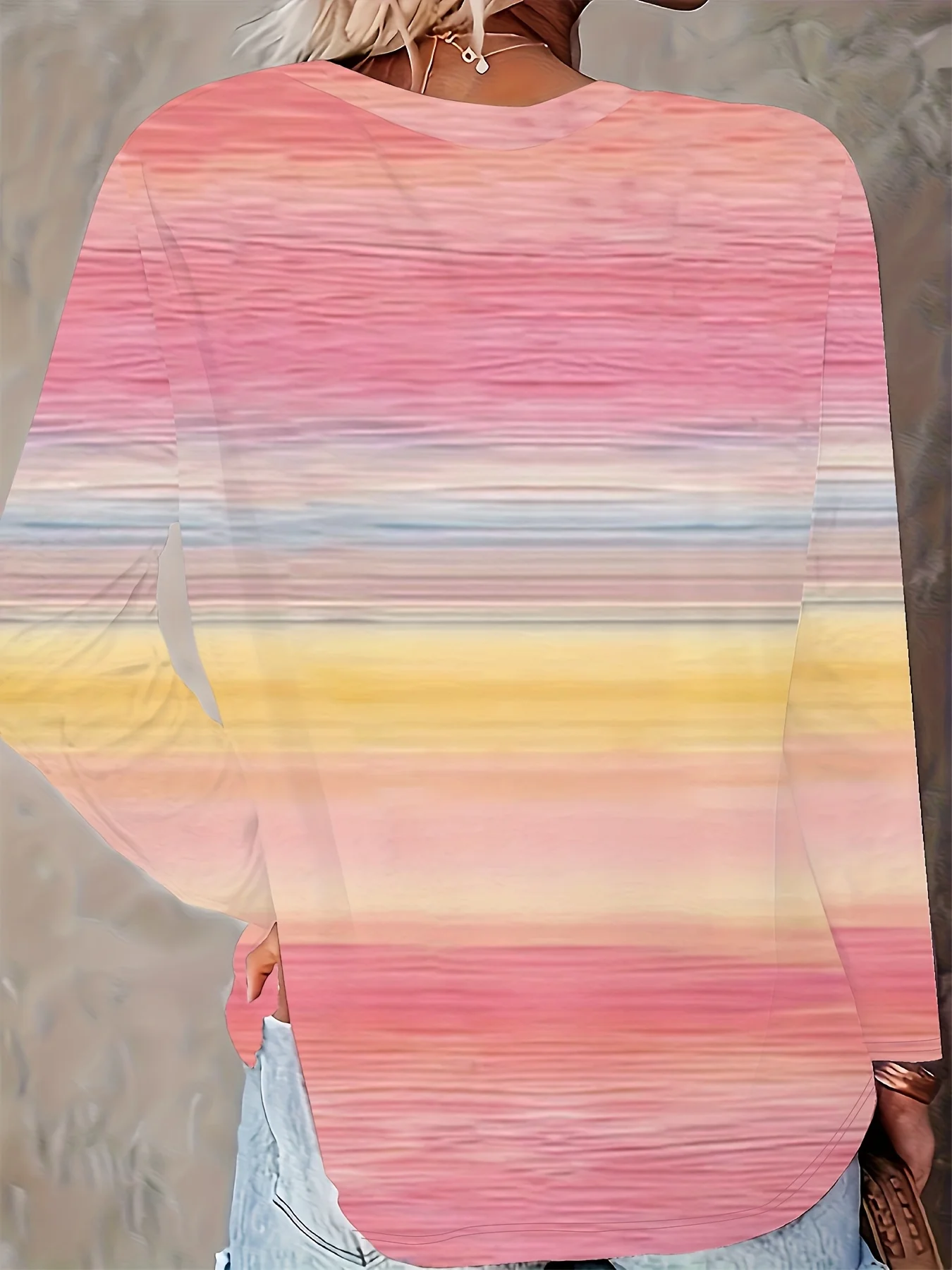 Women's Gradient Stripe Print Sweatshirt Pink Orange Yellow Blue Sunset Long Sleeve Crew Neck Casual Pullover Soft Pastel Top