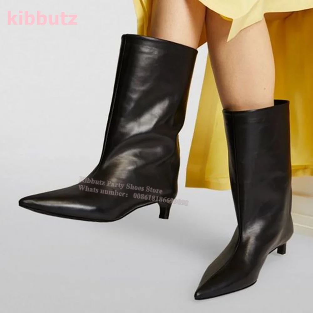 Genuine Leather Mid Calf Boots Chelsea Pointed Toe Kitten Heel Wide Mouth Sleeve Slip-On Solid Color Fashion Sexy Elegant Women