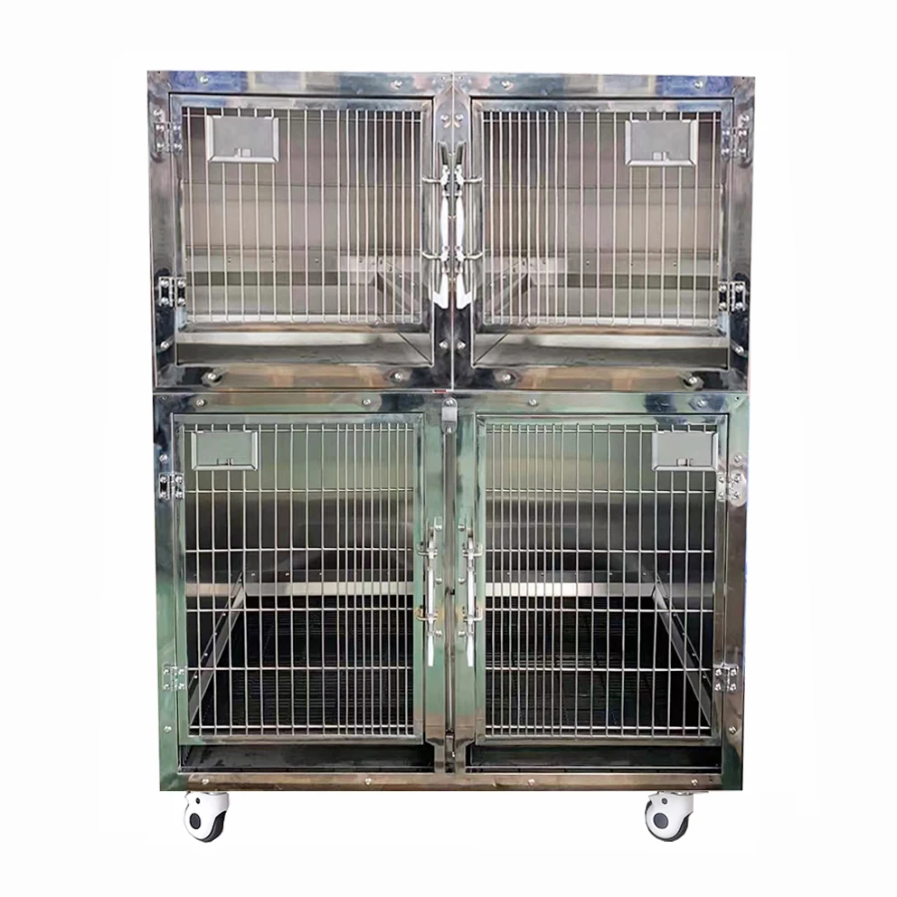 High Quality Double Deck Veterinary Hospital Cage 4-Door Combination Stainless Steel Button Animal Stylish High Quality