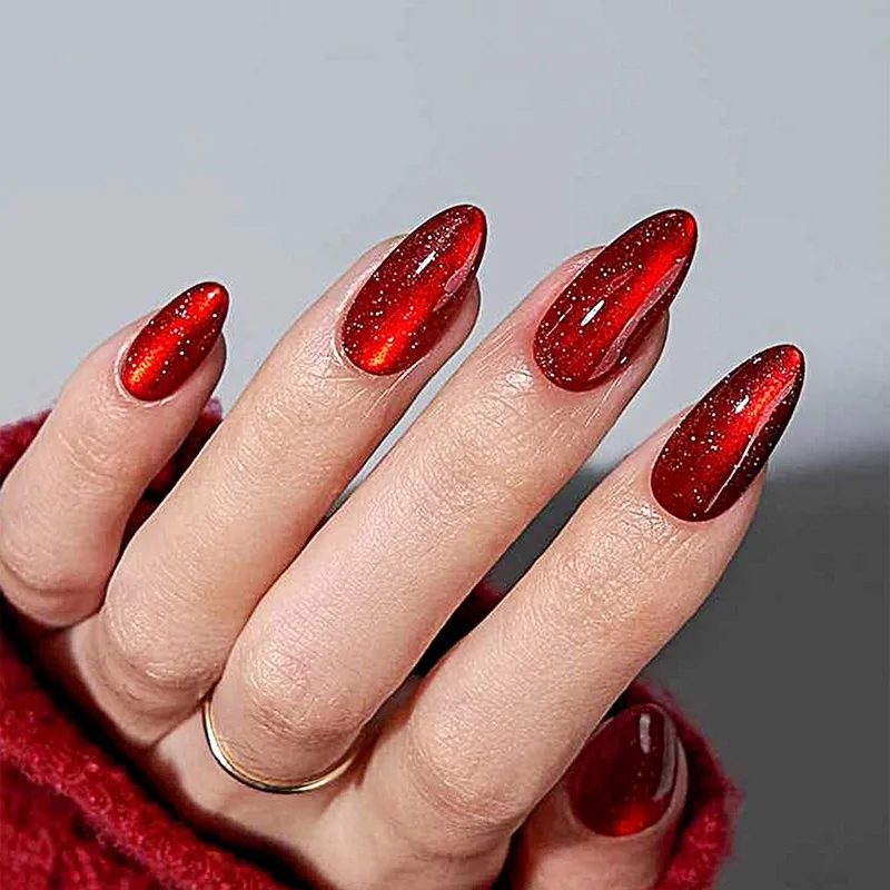 24枚入り グリッターレッドキャットアイアーモンド型付け爪 秋冬フレンチピュアカラーつけ爪 取り外し可能 シンプルネイルマニキュア