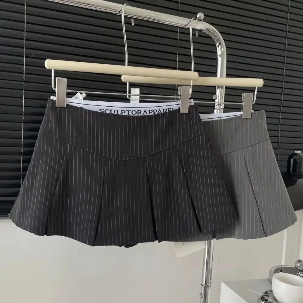 Classic Vintage Striped Patchwork Design Mini Skirt Women Korean Academic Style High Waist A-line Pleated Skirts Spring Summer