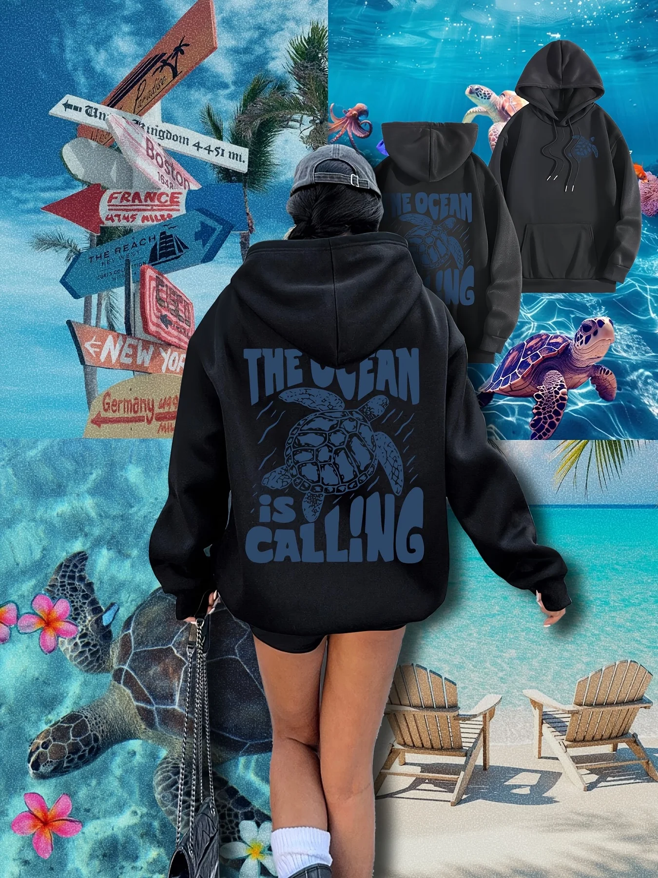 Leisure Turtle Beach Printed Hooded Sweatshirt with Drawstring, Suitable for Both Men and Women To Wear in Autumn and Winter