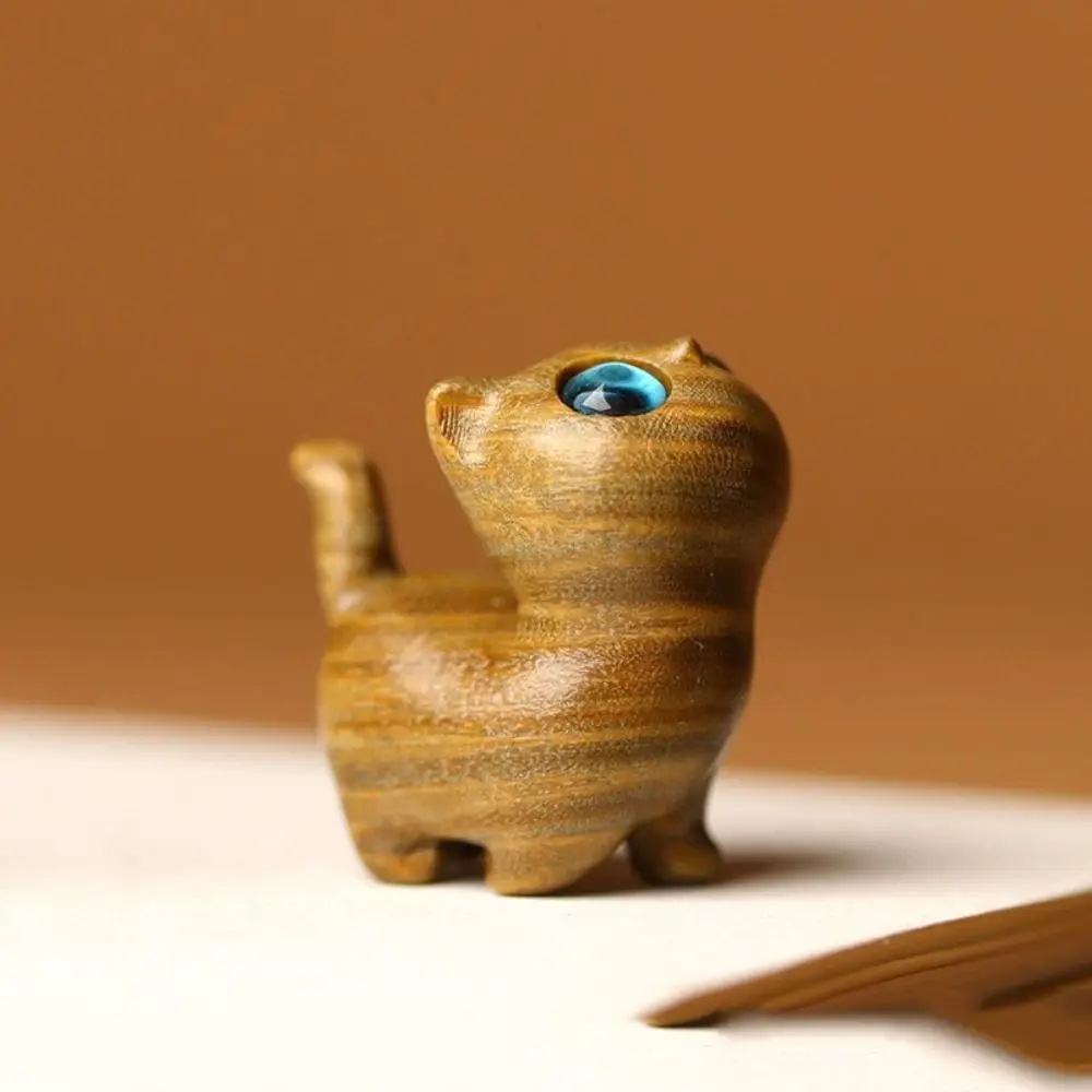 

Sandalwood Cat Desktop Figurine Kawaii Mini Animal Sculpture Creative Exquisite Wooden Carved Figurine Desk