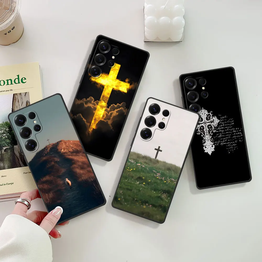 Coque de téléphone noire en TPU Cross Bless Redemption pour Samsung Galaxy S25 S24 S23 S22 S20 S26 FE S7 Edge S9 S10 S21 Ultra S8 Plus