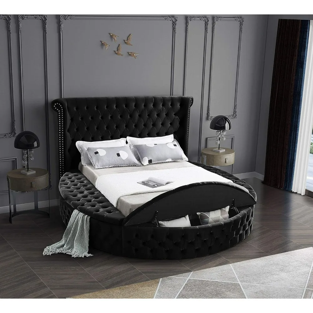 Collection Modern | Contemporary Round Shaped Velvet Upholstered Bed with Deep Button Tufting and Footboard Storage, Queen